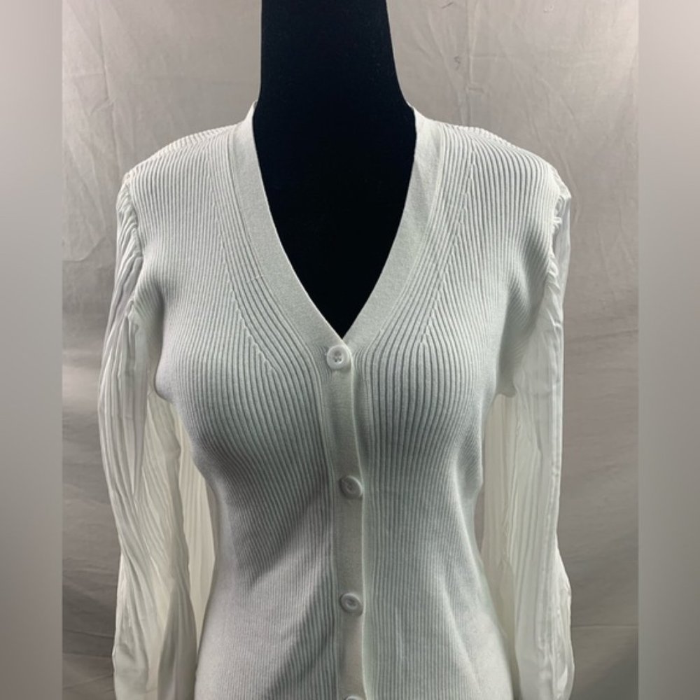 White Pleated Sleeve Button Front Ribbed Knit Cardigan - Picture 6 of 6